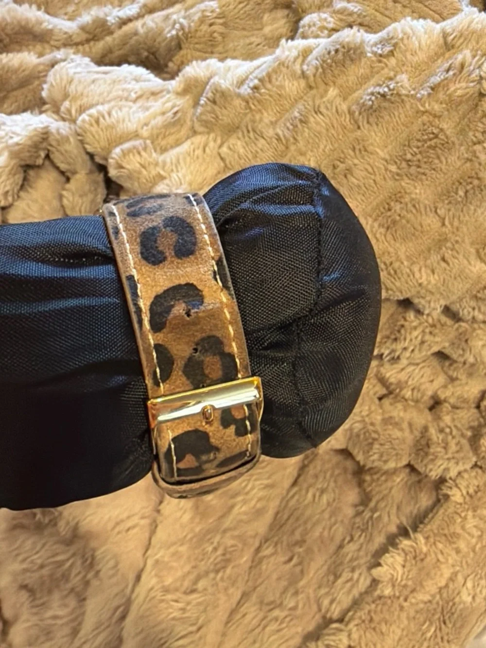 GUESS Gold-Tone Dual Dial Watch with Brown Patterned Strap